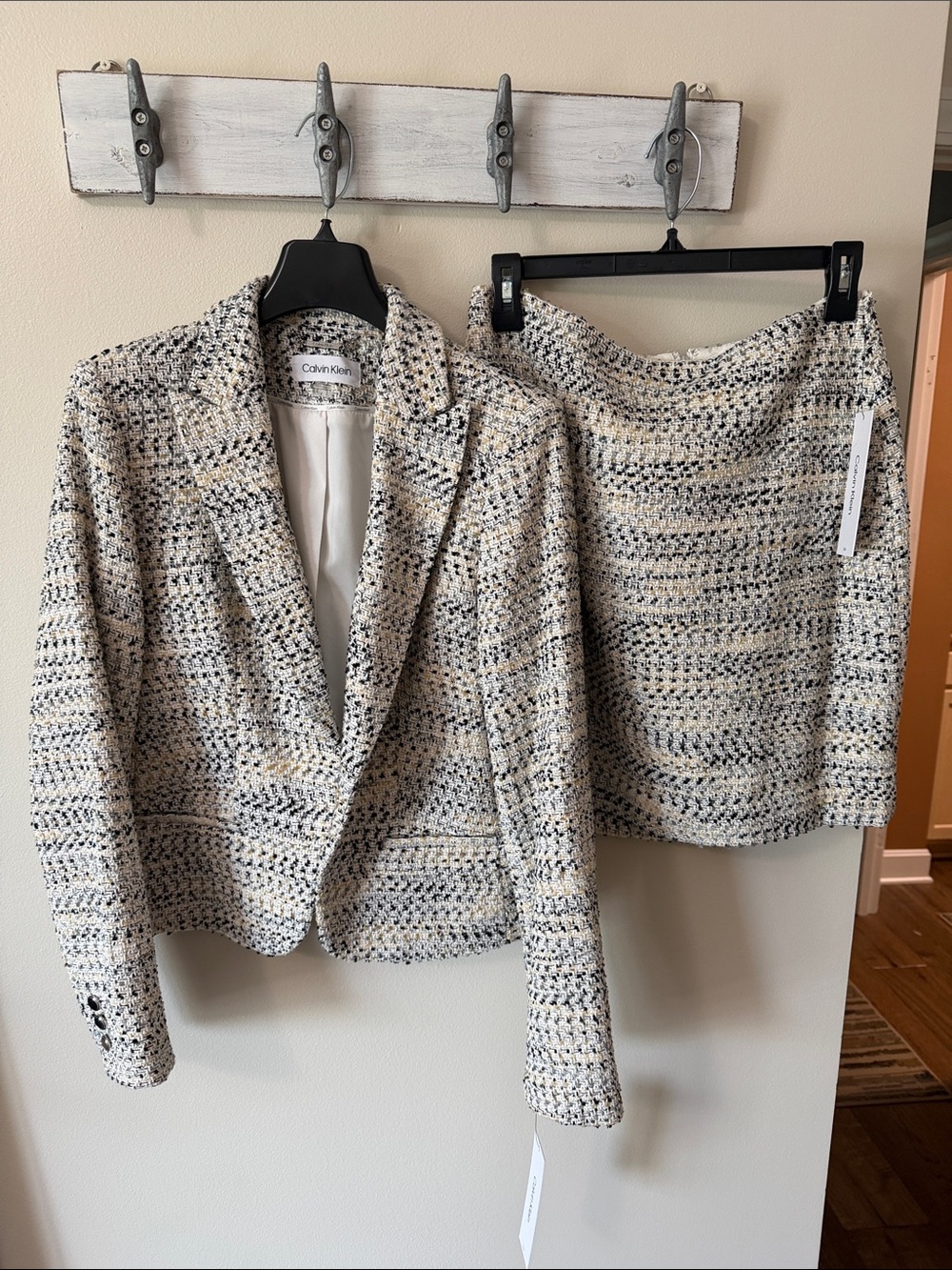 Calvin Klein Cream and Black Tweed Blazer with Matching Skirt